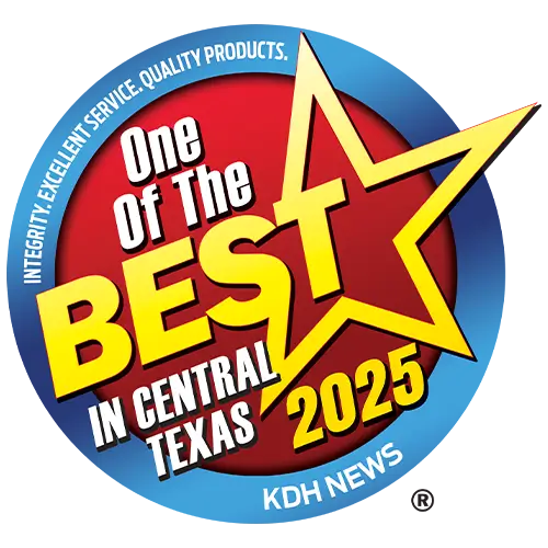 Round red and blue award badge with a yellow star reading One of the BEST in Central Texas 2025 and KDH News