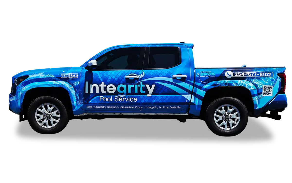 Blue pickup truck wrapped in blue wave graphics reading Integrity Pool Service, with slogan, phone number and a QR code on the side.